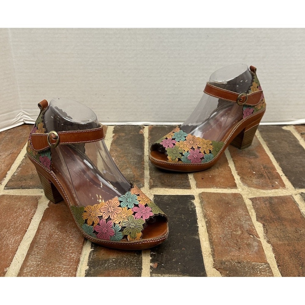 L'ARTISTE Floral Brown Leather Sandals Hand Painted Ankle Strap Heels Women 7.5